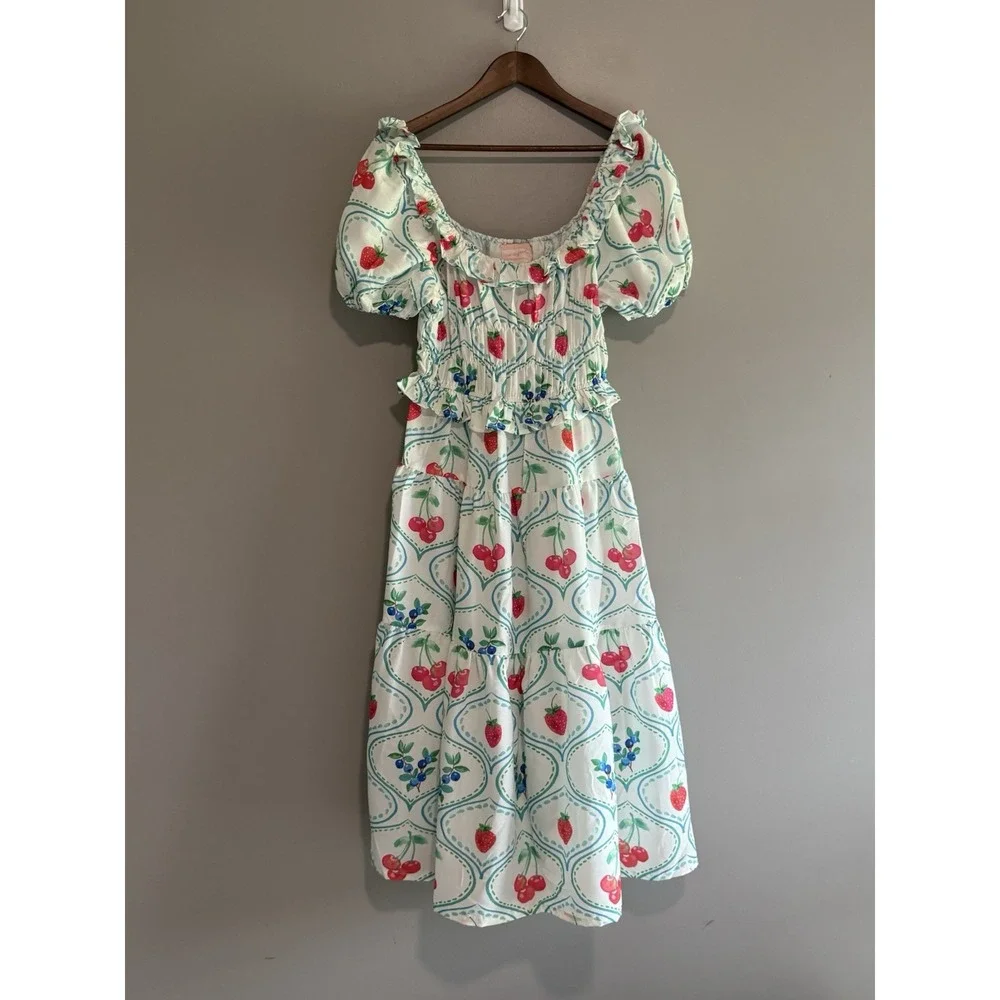Us Together Fruit Print Maxi Dress Smocked Tiered Cherry Strawberry Blueberry Lg - Picture 10 of 15